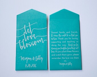 DIY Teal Let Love Blossom Custom Seed Packet Wedding Favors - White Ink Printing - Seed Envelope Wedding Shower Favor - Many Colors