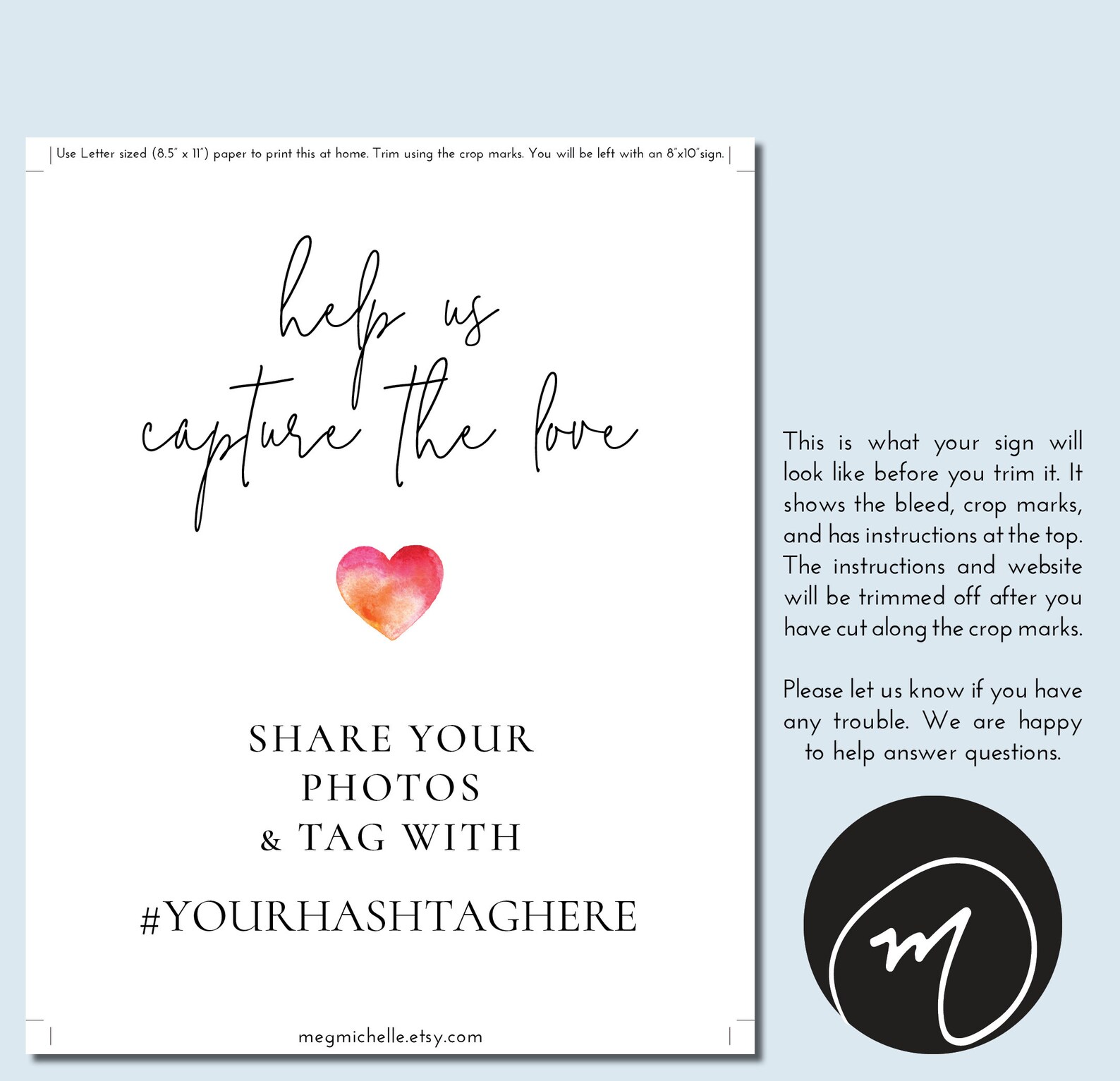 Help Us Capture the Love Wedding Sign Printable Hashtag Sign | Etsy