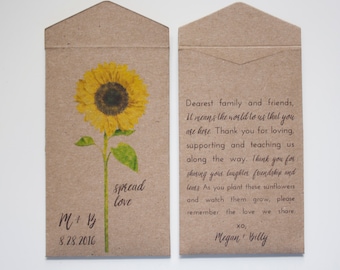 DIY Sunflower Seed Packet Wedding Favor Envelopes - Personalized Sunflower Wedding Favor - Rustic Seed Packets - Many Colors Available