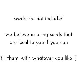 May include: Text on a white background that reads: "seeds are not included we believe in using seeds that are local to you if you can fill them with whatever you like :)"