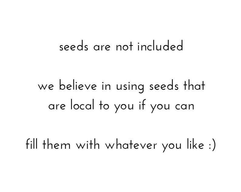 May include: Text on a white background that reads: "seeds are not included we believe in using seeds that are local to you if you can fill them with whatever you like :)"