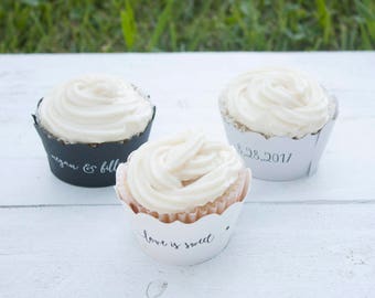 Love is Sweet Simple Wedding Cupcake Wrappers - Custom Cupcake Wraps - Personalized Cupcake Wrap - Bridal Shower - Many Colors Available