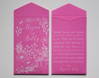 Pink & White Custom Printed Seed Packet Wedding Favors - Floral Design Seed Packets - Personalized Wedding Seed Packet Many Colors Available