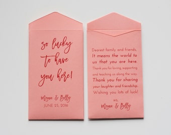 DIY Custom Coral Lottery Ticket Wedding Favor Packet Envelopes - Many Colors Available