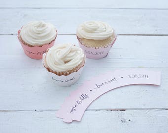 Love is Sweet Light Pink Wedding Cupcake Wrappers - Custom Cupcake Wraps - Personalized Cupcake Wrap - Bridal Shower - Many Colors Available