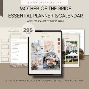 May include: A digital planner for mothers of the bride, with 295 pages, covering April 2025 to December 2026. The planner includes sections for stationery checklist, photos & video, inspiration, style & colours, and reception. The planner is designed for use in Goodnotes or other notes apps.