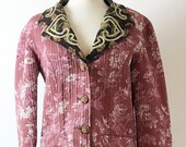 Vintage Cotton Long Quilted Coat Jacket. J. Peterman. Floral Flower Bird Toile Pattern. Pink Brown White Red. Medium. Metallic Embroidery.