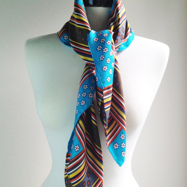1970s Yves Saint Laurent Bright Vintage Silk Scarf. Made in France. Retro Floral Daisy & Geometric Stripe Color Block Square Wrap YSL