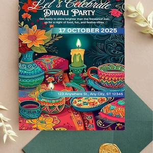 Diwali Party Invitation Template | Colourful Printable Festival of Lights Invite | Editable Digital Download | Diwali Card|Diwali Invitation