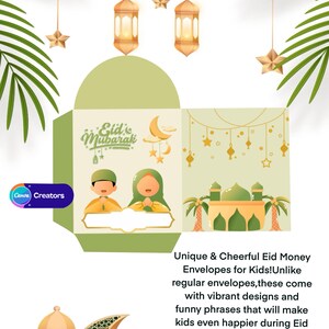 Eid Mubarak-envelop | Eid-enveloppenkaart | Leuke cartoon Eid Money-envelop groen en perzik – afdrukbaar A4-ontwerp | Eid-envelop Cadeaukaart