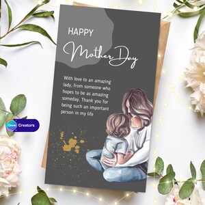 Tarjeta del Día de la Madre: Mensaje emotivo con ilustración en acuarela de una madre y su hijo. Regalo para el Día de la Madre. Tarjeta imprimible o digital.