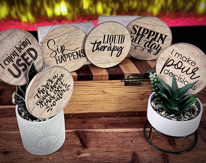 Raise a Toast: Comical Laser Engraved Wooden Coasters for the Beverage Lover!