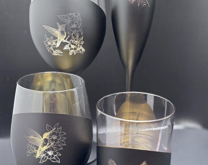 Matte Black  Gold Hummingbird Glassware Set - Elegant Champagne Stemless Wine Stemmed Wine  Cocktail Glasses - Unique Housewarming Gift