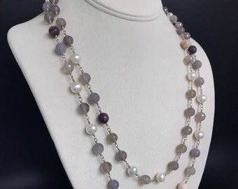 Gray Agate and White Pearl Long Layering Necklace