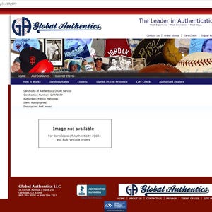 May include: A webpage for Global Authentics, featuring a header with the text "The Leader in Authentication." The page includes images of sports memorabilia and the text "Image not available."