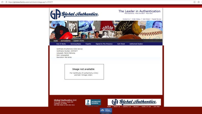 May include: A webpage for Global Authentics, featuring a header with the text "The Leader in Authentication." The page includes images of sports memorabilia and the text "Image not available."