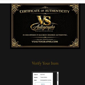 May include: A certificate of authenticity from VS Autographs, featuring a gold and black design. The certificate includes the text "Certificate of Authenticity" and "VS Autographs." The website address VSAUTOGRAPHS.COM is also visible.