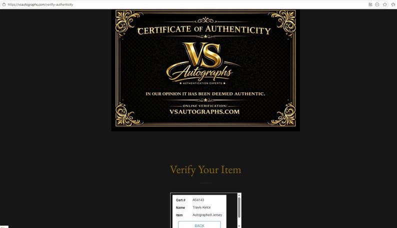 May include: A certificate of authenticity from VS Autographs, featuring a gold and black design. The certificate includes the text "Certificate of Authenticity" and "VS Autographs." The website address VSAUTOGRAPHS.COM is also visible.