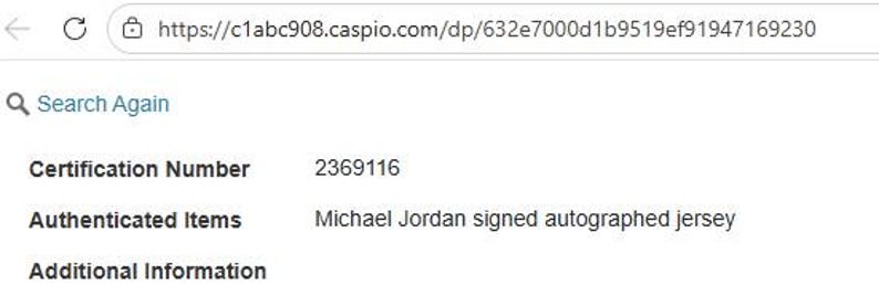 May include: Screenshot of a webpage displaying information about a Michael Jordan signed autographed jersey. The certification number is 2369116. The URL is visible at the top of the page.