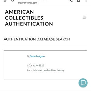 May include: Screenshot of the American Collectibles Authentication database. The text reads "AMERICAN COLLECTIBLES AUTHENTICATION" and "AUTHENTICATION DATABASE SEARCH". The COA number is A45526, and the item is a Michael Jordan Blue Jersey.