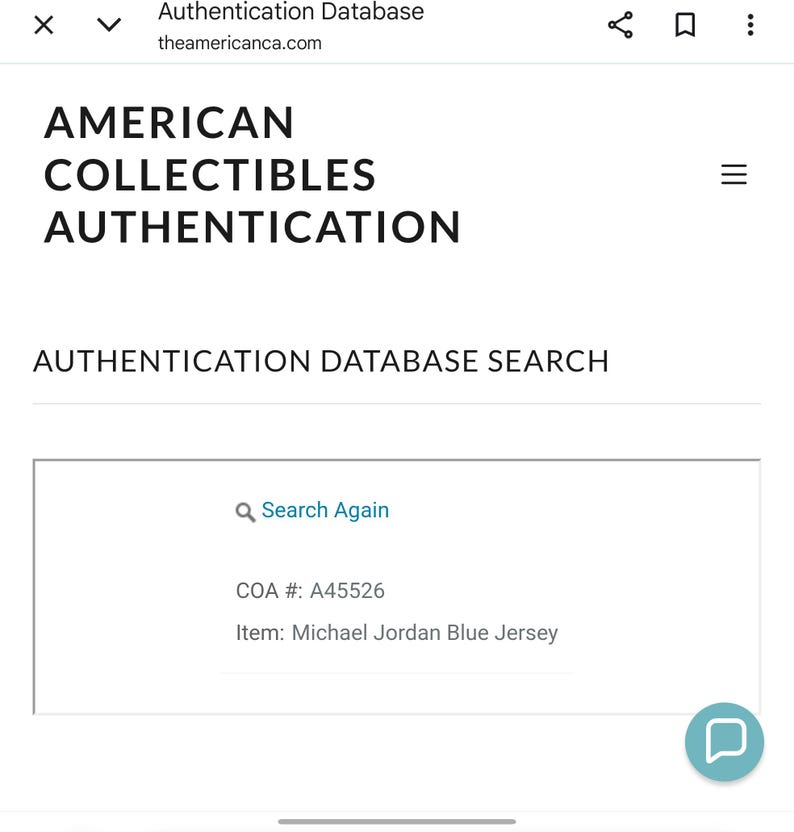 May include: Screenshot of the American Collectibles Authentication database. The text reads "AMERICAN COLLECTIBLES AUTHENTICATION" and "AUTHENTICATION DATABASE SEARCH". The COA number is A45526, and the item is a Michael Jordan Blue Jersey.