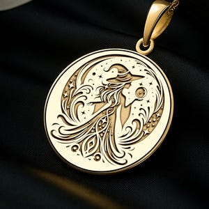 14K Gold Witch Moon Medallion Necklace – Engraved Mystic Woman Pendant with Stars and Crescent Moon – Magical Jewelry Gift for Her