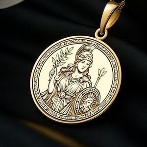 14K Gold Athena Medallion Necklace: Greek Goddess Amulet