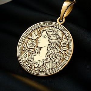 14K Gold Aphrodite Pendant Necklace: Roses & Bird - Divine Feminine Jewelry