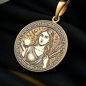 14K Gold Persephone Medallion Necklace: Greek Goddess Pomegranate Wheat Design