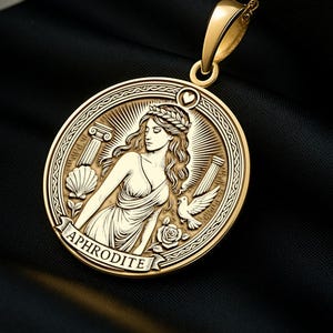14K Gold Aphrodite Medallion Necklace: Greek Goddess Pendant