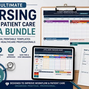 May include: A digital bundle of 12 professional nursing templates including a patient observation log, vital signs tracking chart, and shift report sheet. The set features blue and white text, a stethoscope, and icons for download and printing.