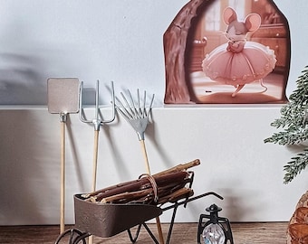 Gnome accessories for gnome door Gnome construction site Miniature wheelbarrow with garden tools, shovel, rake, pitchfork and lantern