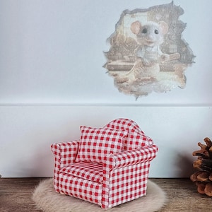 Gnome accessories for gnome door Miniature gnome upholstered armchair with cushion and wooden furniture feet