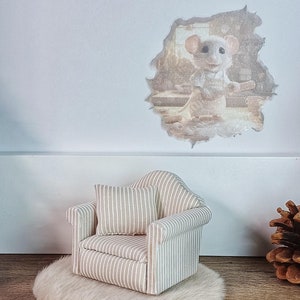 Gnome accessories for gnome door Miniature gnome upholstered armchair with cushion and wooden furniture feet