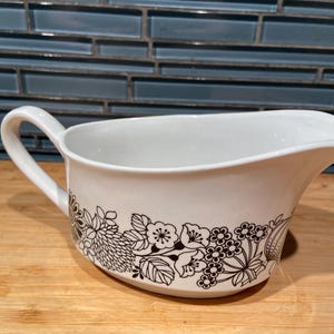 Ironstone Gravy Boat, Black & White 1970&#39;s Hip Floral, Grindley Manitou, Staffordshire England