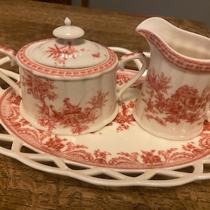 Florence by Skye McGhie. Scalloped Porcelain Red Victorian sugar bowl, creamer and serving plate.