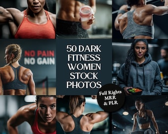 Dark & Realistic Fitness Women Stock Photos | 50 Cinematic Gym Images | Strong Female Workout Images | PLR MRR
