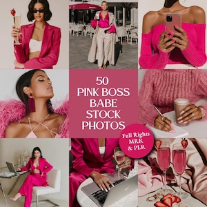 Op de afbeelding: Een collage van afbeeldingen met vrouwen in roze outfits, die champagne vasthouden en laptops gebruiken. De tekst "50 PINK BOSS BABE STOCK PHOTOS" is zichtbaar. De afbeeldingen hebben een moderne, stijlvolle uitstraling.
