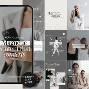 Op de afbeelding: Een verzameling Instagram marketingafbeeldingen in grijstinten en wit. De afbeeldingen bevatten tekst zoals "How to Create Magnetic Content That Converts" en "Content Pillars". Andere afbeeldingen tonen een persoon die een laptop en een telefoon gebruikt.