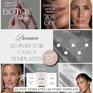 Könnte beinhalten: Eine Werbegrafik für kosmetische Eingriffe, einschließlich Botox und Lippenfüller. Das Bild enthält Text wie "Botox Day", "Lip Filler Promo" und Preisinformationen. Es enthält auch Vorher-Nachher-Fotos und eine Zeitleiste für die Lippenfüller-Reise.