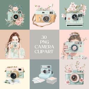 Op de afbeelding: Waterverfillustraties van vintage camera's in verschillende kleuren, waaronder mintgroen, geel en roze, versierd met bloemaccenten. De afbeelding bevat de tekst "30 PNG CAMERA CLIPART".