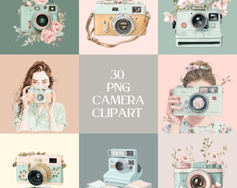 Conjunto de imágenes prediseñadas de cámaras vintage en acuarela / Paquete de 30 imágenes PNG de fotografía retro / Descarga digital