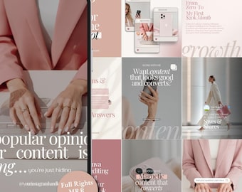 Plantillas para redes sociales / Plantillas para publicaciones de Instagram en rosa suave / Kit moderno de Canva para redes sociales / 65 publicaciones estéticas 4:5 / PLR y MRR