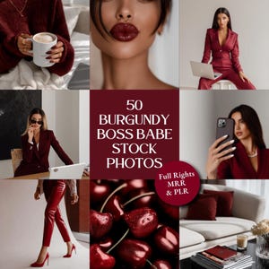 Puede incluir: Un collage de imágenes con temática burdeos. Las imágenes incluyen una mujer con un traje burdeos, cerezas, una mujer sosteniendo una taza y el texto "50 BURGUNDY BOSS BABE STOCK PHOTOS".