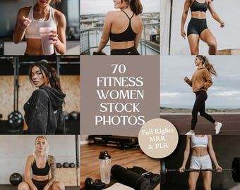 May include: A collage of fitness-themed images featuring women in workout attire. The central image displays text: "70 FITNESS WOMEN STOCK PHOTOS." Additional elements include workout gear, a protein shaker, and a barbell.