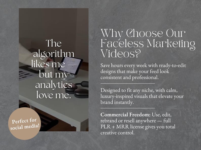 40 Faceless Marketing Reels for Entrepreneurs | Aesthetic Vertical Videos for Instagram & TikTok | DFY Canva Templates| Viral Faceless Content for Digital Creators | PLR MRR Resell Rights | Editable Faceless Marketing Videos | No Sound, Ready to Post | Calm Luxury Aesthetic for Social Media Managers, Marketers & Small Business Owners