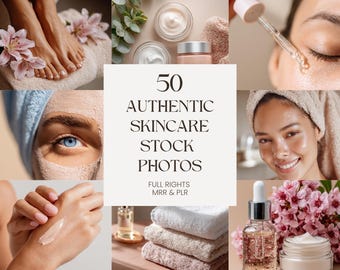 Skincare Stock Photos Bundle | 50 Beauty Stock Photos for Social Media | MRR PLR Content for Beauty Spa Branding