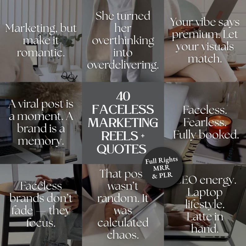 40 Faceless Marketing Reels for Entrepreneurs | Aesthetic Vertical Videos for Instagram & TikTok | DFY Canva Templates + ZIP Files | Viral Faceless Content for Digital Creators | PLR MRR Resell Rights | Editable Faceless Marketing Videos | No Sound, Ready to Post | Calm Luxury Aesthetic for Social Media Managers, Marketers & Small Business Owners