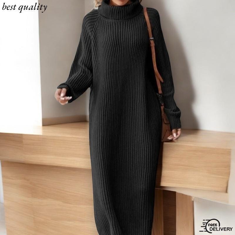 High Collar Long Sleeve Knitted Solid Loose Sweater For Women