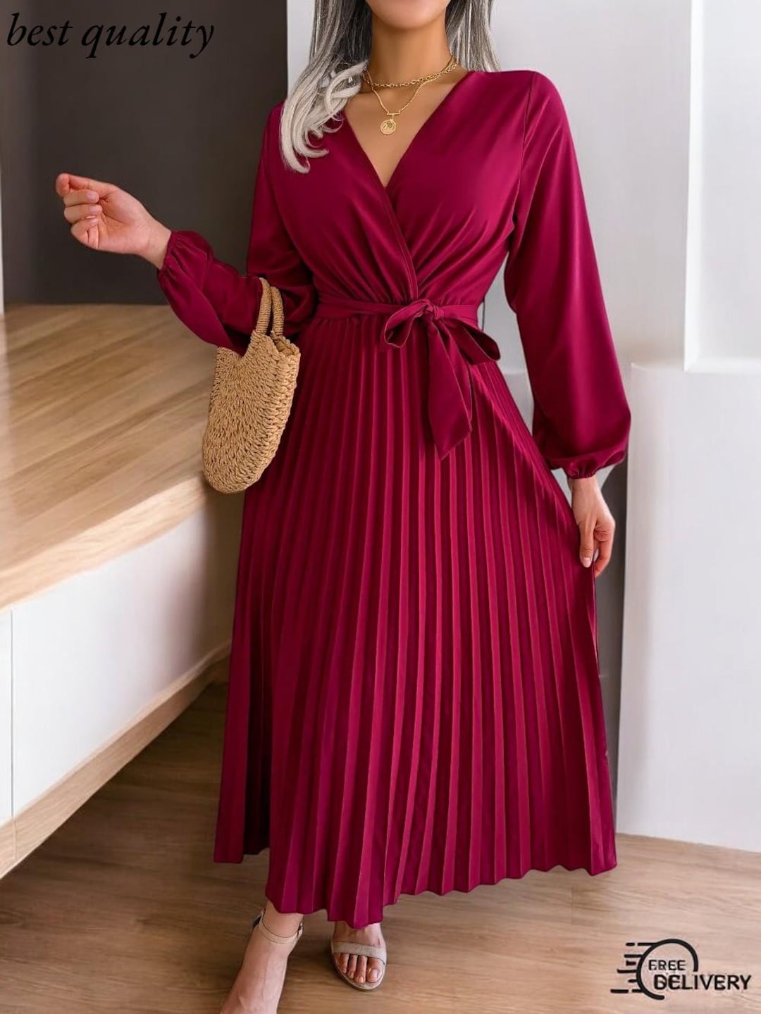 Elegant Womens Long Sleeve V-neck Maxi Dress Slim Fit Casual & Formal ...